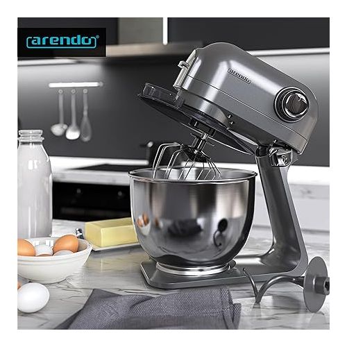  Arendo - Powerful Food Processor 5 Litres, Stainless Steel Mixing Machine, Kneading Machine, Planetary Mixing System, Stainless Steel Bowl, Including 3 Stirrers, 5 Switching Levels, 1200 W, Cool Grey