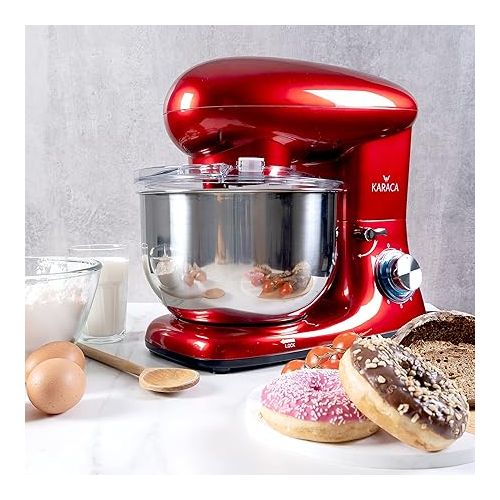  Karaca Multichef Kneading Machine Red, Food Processor, 1400 W, 5.5 L, Speed, Dough Machine with Whisk, Mixing and Kneading, Motor Power Mixer, Food Processor, Splash Guard Cover