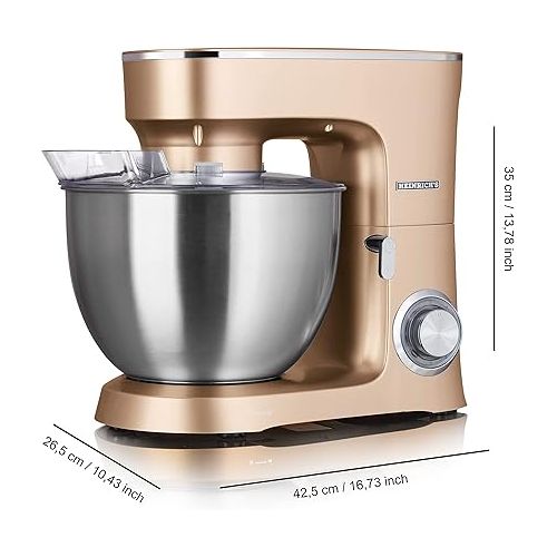  HEINRICHS Food Processor Kneading Machine Dough Machine Mixing Machine 1500 W Kitchen Appliance Whisk Dough Hook Whisk 6 Adjustable Speeds XXL 8L Stainless Steel Bowl Low Noise (Gold)