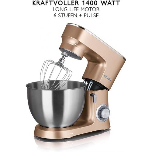  HEINRICHS Food Processor Kneading Machine Dough Machine Mixing Machine 1500 W Kitchen Appliance Whisk Dough Hook Whisk 6 Adjustable Speeds XXL 8L Stainless Steel Bowl Low Noise (Gold)