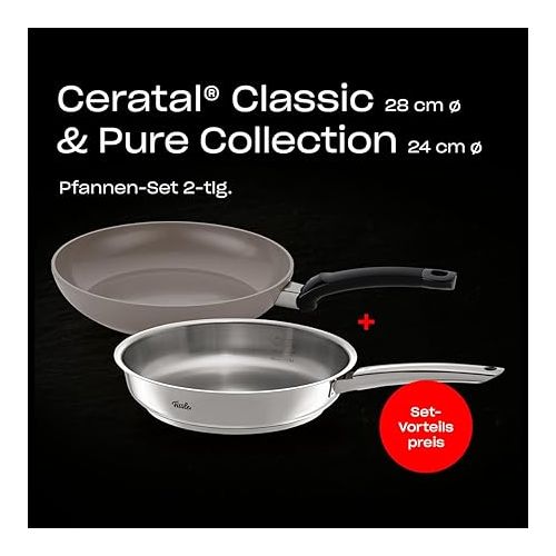  Fissler Set of 2 Frying Pans / Ceratal Classic Coated Ceramic Pan (Diameter 28 cm) & Pure Collection Uncoated Stainless Steel Pan (Diameter 24 cm), Made in Germany - Suitable for Induction Cookers