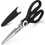 Kitory Kitchen Scissors, Universal Scissors, Household Scissors with Saw Cut, 3CR13 Stainless Steel, Black, 21 cm, with Safety Cover, Plastic Handle