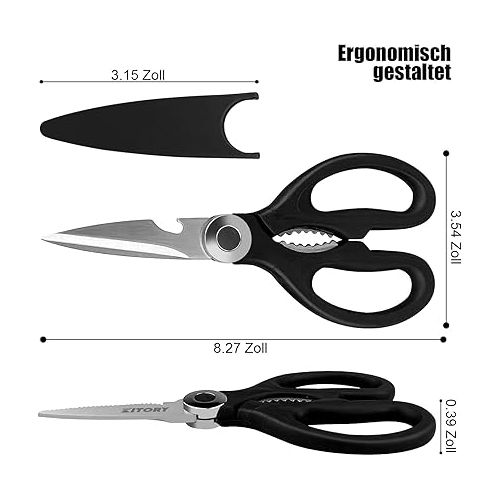  Kitory Kitchen Scissors, Universal Scissors, Household Scissors with Saw Cut, 3CR13 Stainless Steel, Black, 21 cm, with Safety Cover, Plastic Handle