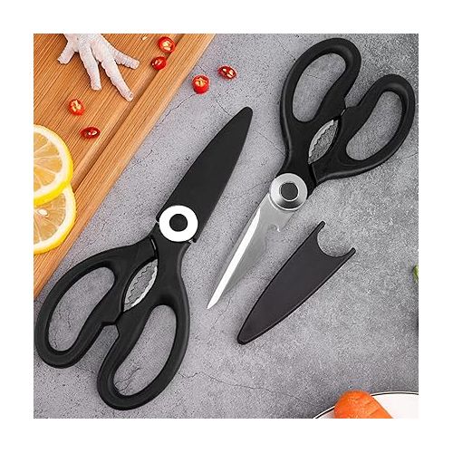  Kitory Kitchen Scissors, Universal Scissors, Household Scissors with Saw Cut, 3CR13 Stainless Steel, Black, 21 cm, with Safety Cover, Plastic Handle