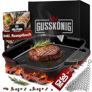 GUSSKONIG Cast Iron Pan - 30 cm Cast Iron Pan - Grill Pan Induction - Burnt Cast Iron Pan - Robust Cast Iron Pan + Stainless Steel Ring Cleaner & Extensive Recipe Book