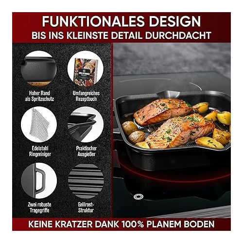  GUSSKONIG Cast Iron Pan - 30 cm Cast Iron Pan - Grill Pan Induction - Burnt Cast Iron Pan - Robust Cast Iron Pan + Stainless Steel Ring Cleaner & Extensive Recipe Book