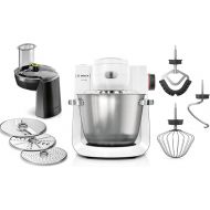 Bosch MUMS6EW13D Series 6 Food Processor, 7 Speed Levels, 5.5 L Bowl, Continuous Shredder, 3 Slices, Dough Hook, Whisk, Silicone Whisk, Dishwasher Safe, 1,600 W, Silver/White