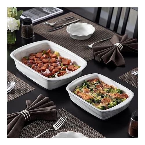  Malacasa Grey Bake Series, 2-Piece Set, Square Marble Porcelain Casserole Dish, Baking Tin, Cake Mould, Bread Baking Set, Baking Tray, Oven Dish with Smooth Base in 2 Sizes, 1200 / 2200 ml