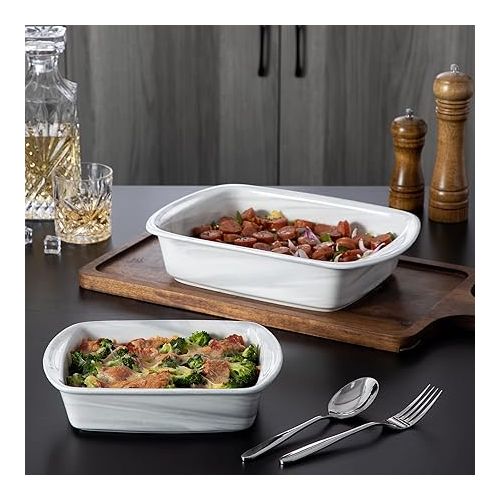  Malacasa Grey Bake Series, 2-Piece Set, Square Marble Porcelain Casserole Dish, Baking Tin, Cake Mould, Bread Baking Set, Baking Tray, Oven Dish with Smooth Base in 2 Sizes, 1200 / 2200 ml