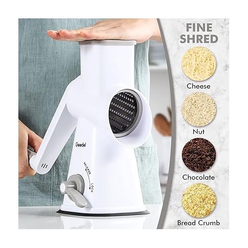  Cheese Grater, Manual Drum Grater with 3 Removable Drum Blades, Quick Cutting Vegetable Slicer, Ideal as a Potato Grater, Nut Grater with Crank, Nut Mill, Almond Mill