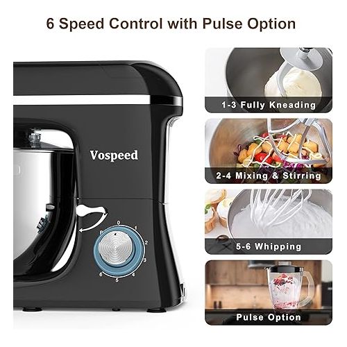  Vospeed 9-in-1 Food Processor Kneading Machine 1500 W, Multifunctional Dough Machine, 7 L Stainless Steel Bowl, 6 Speeds, Versatile Accessories (Black)