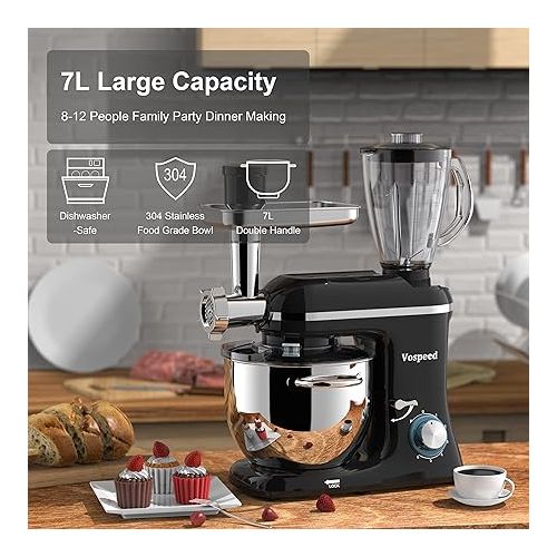  Vospeed 9-in-1 Food Processor Kneading Machine 1500 W, Multifunctional Dough Machine, 7 L Stainless Steel Bowl, 6 Speeds, Versatile Accessories (Black)