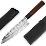 REDSALT® Professional Series SANTOKU 三i 18 cm Damascus Steel Chef's Knife Handmade in Japan Professional Chef's Knife with Knife Sheath & Leather Case Damask Hammered Blade Damascus Knife Kitchen