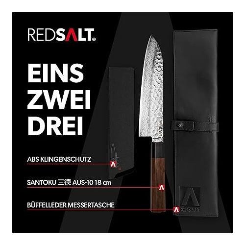  REDSALT® Professional Series SANTOKU 三i 18 cm Damascus Steel Chef's Knife Handmade in Japan Professional Chef's Knife with Knife Sheath & Leather Case Damask Hammered Blade Damascus Knife Kitchen