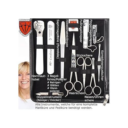  DREI SCHWERTER - Germany 7-Piece Mega Manicure Set 'Varese' Nail Set in Faux Leather Black | Contents: Nail Scissors, Nail Clippers, Hair Scissors, Nail Clippers and Much More