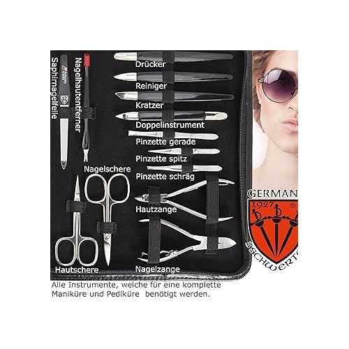  DREI SCHWERTER - Germany 7-Piece Mega Manicure Set 'Varese' Nail Set in Faux Leather Black | Contents: Nail Scissors, Nail Clippers, Hair Scissors, Nail Clippers and Much More