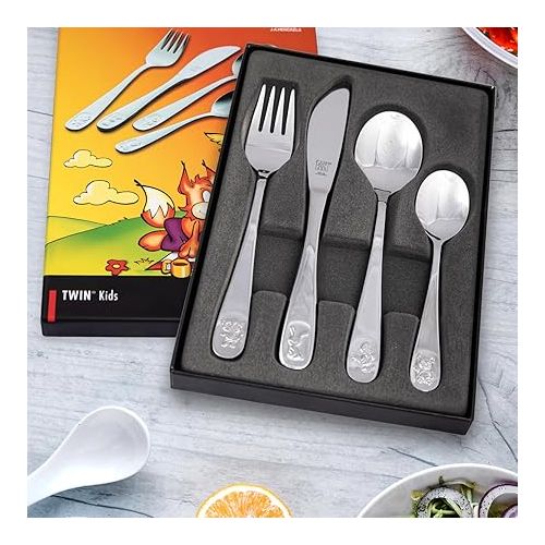  Zwilling Children's Cutlery Set with Name Engraving - Set of 4 Stainless Steel Polished and Dishwasher-safe - Gifts for Children with Animal Motifs, customisable