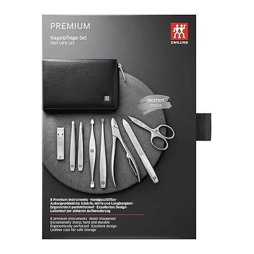  ZWILLING Manikureset (8 Teilig, umfassende Nagelpflege, Pedikure, Reisegroße, Echtleder-Etui mit Reißverschluss), Premium, Schwarz