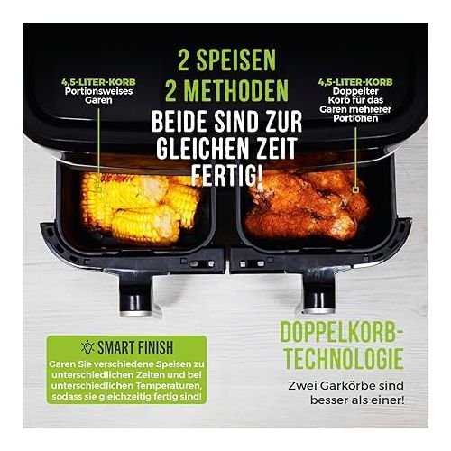  Tower T17088 Vortx 9 L Hot Air Fryer with Two Baskets and Smart Finish - Airfryer Hot Air Fryer 2 Chambers - 2600 W - Black