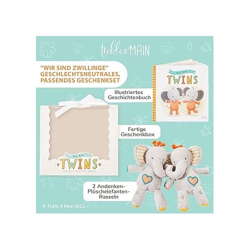  Tickle & Main We Are Twins, Baby and Toddler Gift Set for Twins, Memory Book and Set of 2 Plush Elephant Rattles for Boys and Girls