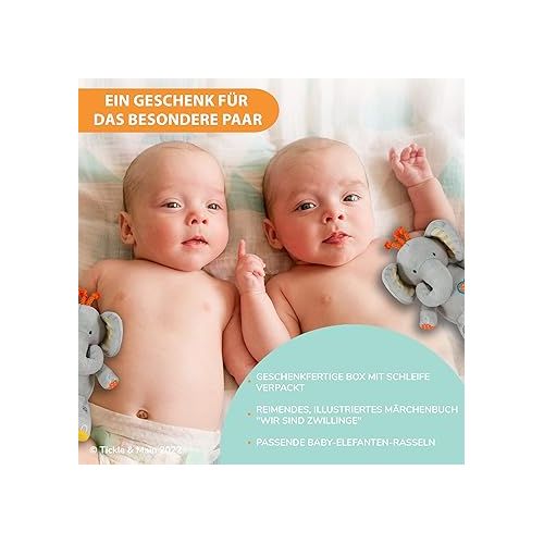  Tickle & Main We Are Twins, Baby and Toddler Gift Set for Twins, Memory Book and Set of 2 Plush Elephant Rattles for Boys and Girls