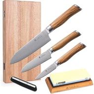 Wakoli Olive Damascus Knife Set with Extremely Sharp Blades from 8.50 - 17.00 cm I Made of 67 Layers with VG10 Core I Professional Kitchen Knife Set Made of Damascus Steel with Wooden Box and