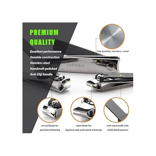  Nail Clippers Set, Cuticle Trimmer, Sharp Curved and Slant Cutting Blades, Stainless Steel Pedicure Set, Nail File with Portable PU Leather Bag, 5 Pieces