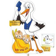 Stork for Birth Twins I Weatherproof I Set: Stork + Wooden Stick + Greeting Card I XL 110 cm I Rattling Stork for Outdoor I Baby Stork Decoration Gift