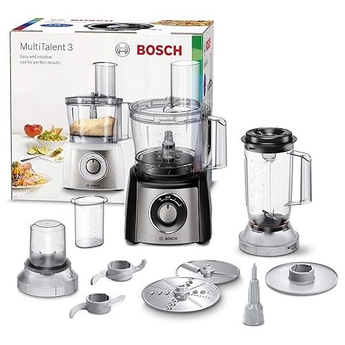  Bosch MultiTalent 3 Plus, MCM3PM386 Compact Food Processor, 50 Functions, Mixing Bowl 2.3 L, Mixer 1.0 L, Utility Knife, Cut and Rasp (Fine, Coarse) Drum (Cream), 900 W, Black