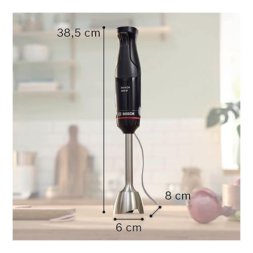  Bosch ErgoMaster Series 4 MSM4B620 Hand Blender, Single Hand, 4 Stainless Steel Blades, Wear-free Ceramic Coupling, Chopper, QuattroBlade, Mixing Cup, AntiSplash Function, 1000 W, Black