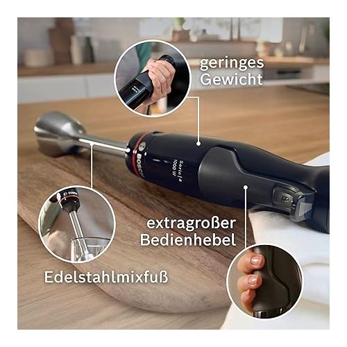  Bosch ErgoMaster Series 4 MSM4B620 Hand Blender, Single Hand, 4 Stainless Steel Blades, Wear-free Ceramic Coupling, Chopper, QuattroBlade, Mixing Cup, AntiSplash Function, 1000 W, Black