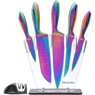 WELLSTAR Knife Block, 7-Piece Knife Set, Titanium Coating, Non-Stick Coating Knife, No Rust, Sharp Stainless Steel Chef's Knife Set with Acrylic Knife Holder for Kitchens, Rainbow Knives