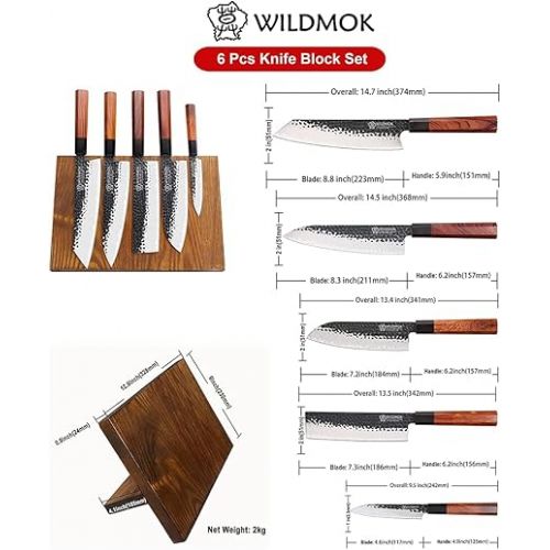  WILDMOK Kitchen Knife Set with Block, 6 Pieces, Sharp Professional Chef's Knife Set, 3-Ply 9Cr18MoV Coated Steel Knife Set with Magnetic Knife Block