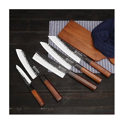  WILDMOK Kitchen Knife Set with Block, 6 Pieces, Sharp Professional Chef's Knife Set, 3-Ply 9Cr18MoV Coated Steel Knife Set with Magnetic Knife Block