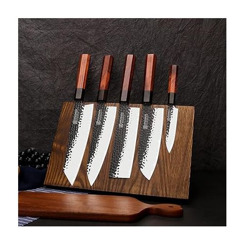  WILDMOK Kitchen Knife Set with Block, 6 Pieces, Sharp Professional Chef's Knife Set, 3-Ply 9Cr18MoV Coated Steel Knife Set with Magnetic Knife Block