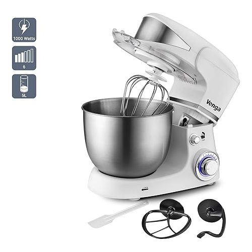  Venga! VG M 3014 WH Food Processor, 5 L Stainless Steel Bowl, Four Accessories, Recipe Book, 1000 W, White