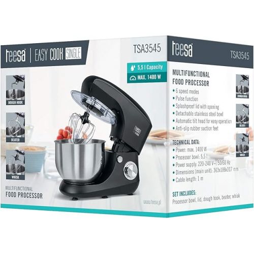  Teesa TSA3545-B Easy Cook Single Black Food Processor, Mixer, 1400, Aluminium, 1 Litre, Black