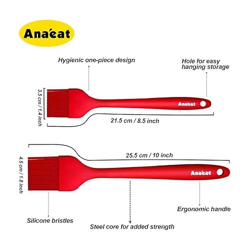  Anaeat Silicone Pastry Brush 2 Pack - Heat Resistant Brush with Soft Bristles Hygienic One Piece Design Marinade Brush Ideal for Baking Spreading Oil, Butter, Sauce, Grill (Red)