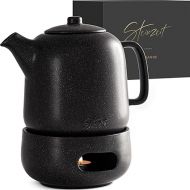 Steinzeit Design Teapot with Warmer (1.3 L) - Teapot with Strainer Insert Made of 304 Stainless Steel - Ceramic Teapot with Unique Glaze - Removable Teapot with Strainer - Black