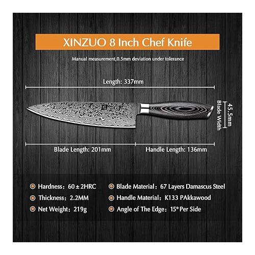  XINZUO Damascus 20.1 cm Chef's Knife, 67 Layers Damascus Steel Chef's Knife, Professional Meat Knife, Chef's Knife, Sharp Blade, Kitchen Knife, Ergonomic Pakka Wood Handle with Walnut Wood Magnetic