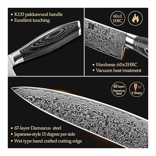  XINZUO Damascus 20.1 cm Chef's Knife, 67 Layers Damascus Steel Chef's Knife, Professional Meat Knife, Chef's Knife, Sharp Blade, Kitchen Knife, Ergonomic Pakka Wood Handle with Walnut Wood Magnetic