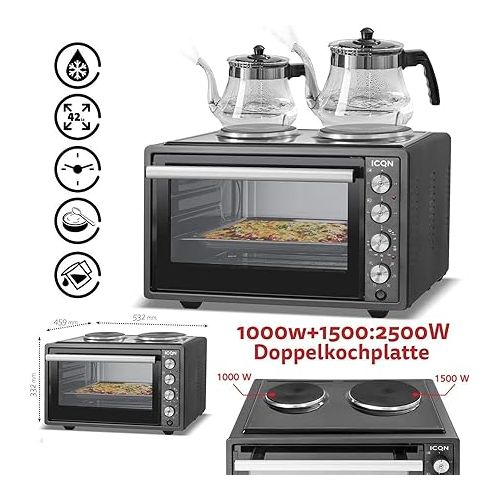  Icqn Mini Fan Oven, Pizza Oven, Mini Oven, Interior Lighting, Double Glazing, Timer Function, Enamelled, charcoal