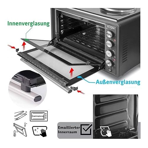  Icqn Mini Fan Oven, Pizza Oven, Mini Oven, Interior Lighting, Double Glazing, Timer Function, Enamelled, charcoal