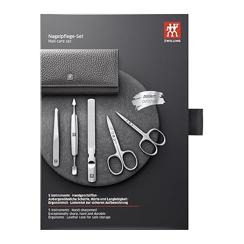  ZWILLING 5 Piece Cowhide Leather Nail Care Pedicure Set with Press Stud - Charcoal