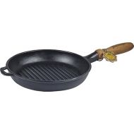 Maysternya Cast Iron Grill Pan with Wooden Handle - Diameter 24 x 4 cm - Induction - Universal Cooking Pan - Open Fire Cooking - Cast Iron - Kitchen Gift - PFAS Free - Black