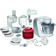 Bosch Kuchenmaschine Serie 4 MUM54270DE, Edelstahlschussel 3,9 L, Mixer 1,25 L, Wurfelschneider, Fleischwolf, Planetenruhrwerk, Knethaken, Schlag-, Ruhrbesen, 7 Stufen, 900 W, Weiß/Silber