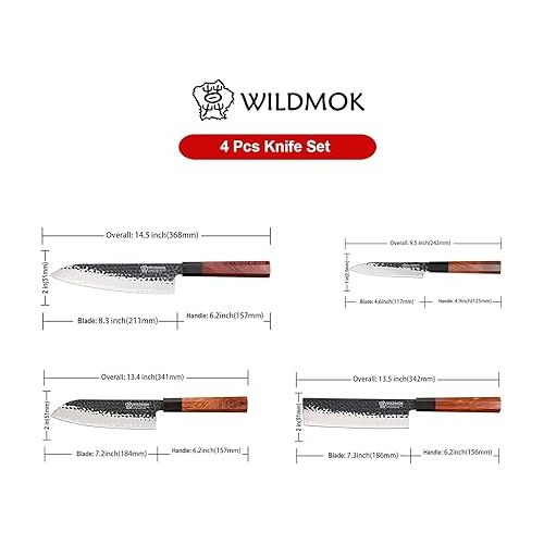  WILDMOK 4 Piece Kitchen Knife Set Chef's Knives Santoku Knife Nakiri Knife Utility Knife - 3-Ply 9CR18MOV Alloy Steel Blade with Octagonal Handle