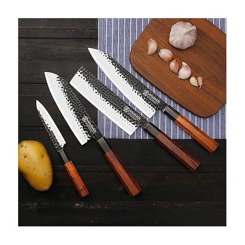  WILDMOK 4 Piece Kitchen Knife Set Chef's Knives Santoku Knife Nakiri Knife Utility Knife - 3-Ply 9CR18MOV Alloy Steel Blade with Octagonal Handle