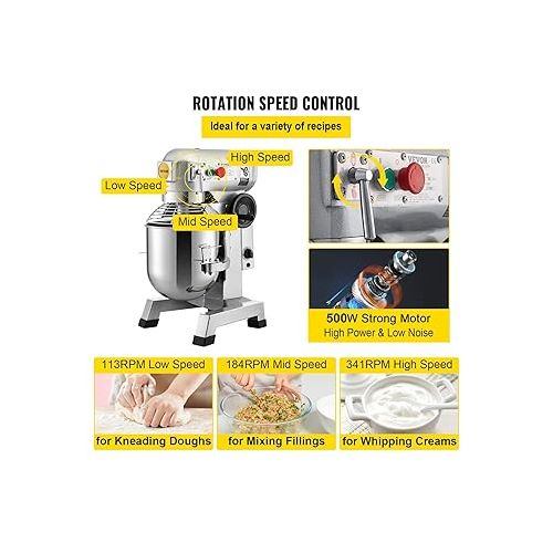  VEVOR Kneading Machine Food Processor, 15 L Bowl Capacity Kneading Machine, 3 Speed Whisk, Dough Hook, Wire Rope, Stainless Steel Bowl Dough Machine 500 W, Silver Food Processor Timer Function