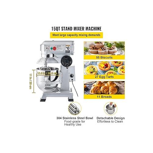  VEVOR Kneading Machine Food Processor, 15 L Bowl Capacity Kneading Machine, 3 Speed Whisk, Dough Hook, Wire Rope, Stainless Steel Bowl Dough Machine 500 W, Silver Food Processor Timer Function